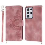 VQWQ Samsung Galaxy S21 Ultra için Kılıf - Çiçek Kabartmalı Kapaklı Telefon Kılıfı Kart Tutucu Mıknatıs Kordonlu PU Deri + Samsung Galaxy S21 Ultra için Yumuşak Kabuk Cüzdan Kılıfı [DEF] -Pembe