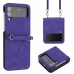 VQWQ Samsung Galaxy Z Flip 4 5G için Kılıf - Çapraz Gövde Kordon Kart Tutucu Mıknatıslı Kapaklı Kılıf Düz Renk PU Deri + Samsung Galaxy Z Flip 4 5G için Yumuşak Kabuk Cüzdan Kapağı [Üçgen] -Mor
