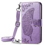 VQWQ Xiaomi Mi 8 Lite için Kapaklı Kılıf - Uzun Kordon Kelebek Kabartmalı Deri Folyo Kılıf [Manyetik] [Kart Yuvası] [Kickstand] +TPU Kabuk Xiaomi Mi 8 Lite Kapak [DS] -Mor