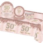 VReder Pembe Altın 50. Doğum Günü Süslemeleri Parti Sofra Takımı, Tek Kullanımlık Kağıt Parti Tabakları Bardak Peçeteler Kadınlar için Masa Örtüsü 50. Doğum Günü Partisi Süslemeleri Masa Malzemeleri 16 Misafir (50.)