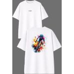 Vsrn Bisiklet Yarışı Tasarım Ön Arka Baskılı Beyaz Oversize T Shirt