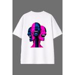 Vsrn Çirkin Gülen Yüzler Tasarım Arka Baskılı Beyaz Oversize T Shirt - XL