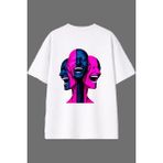 Vsrn Çirkin Gülen Yüzler Tasarım Arka Baskılı Beyaz Oversize T Shirt