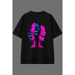 Vsrn Çirkin Gülen Yüzler Tasarım Arka Baskılı Siyah Oversize T Shirt