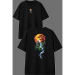 Vsrn Doğa Manzarası Tasarım Ön Arka Baskılı Siyah Oversize T Shirt