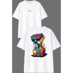 Vsrn Eriyen Rubik Küp Tasarım Ön Arka Baskılı Beyaz Oversize T Shirt - XL