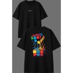 Vsrn Eriyen Rubik Küp Tasarım Ön Arka Baskılı Siyah Oversize T Shirt