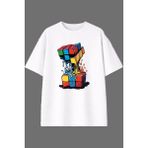 Vsrn Eriyen Rubik Küp Tasarım Ön Baskılı Beyaz Oversize T Shirt - XL