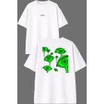 Vsrn Havalı Yeşil Gözler Tasarım Ön Arka Baskılı Beyaz Oversize T Shirt