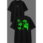 Vsrn Havalı Yeşil Gözler Tasarım Ön Arka Baskılı Siyah Oversize T Shirt - XL