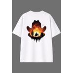 Vsrn Kovboy Şapkası Tasarım Arka Baskılı Beyaz Oversize T Shirt