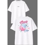 Vsrn Pamuk Şeker Tasarım Ön Arka Baskılı Beyaz Oversize T Shirt - XL