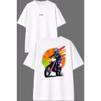 Vsrn Renkli Cross Motor Tasarım Ön Arka Baskılı Beyaz Oversize T Shirt