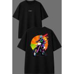 Vsrn Renkli Cross Motor Tasarım Ön Arka Baskılı Siyah Oversize T Shirt - XL