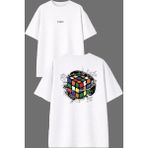 Vsrn Rubik Küp Tasarım Ön Arka Baskılı Beyaz Oversize T Shirt