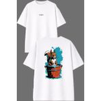 Vsrn Sincap Su Kovası Tasarım Ön Arka Baskılı Beyaz Oversize T Shirt - XL