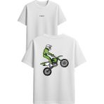 Vsrn Yeşil Cross Motor Tasarım Baskılı Beyaz Oversize T-Shirt - XL