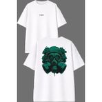 Vsrn Yeşil Gaz Maskesi Tasarım Ön Arka Baskılı Beyaz Oversize T Shirt - XL