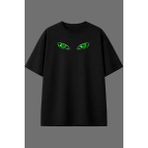 Vsrn Yeşil Gözler Tasarım Ön Baskılı Siyah Oversize T Shirt - XL