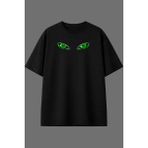 Vsrn Yeşil Gözler Tasarım Ön Baskılı Siyah Oversize T Shirt
