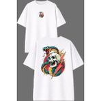 Vsrn Yılan Iskelet Tasarım Ön Arka Baskılı Beyaz Oversize T Shirt