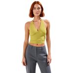 Vücuda Oturan Boyundan Bağlamalı Crop Bluz Polyester Elastan Sandy Dokuma Yüksek Kalite_Yağ Yeşil-M