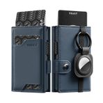 VULKIT Airtag Erkek Cüzdanı RFID Engelleme Kredi Kartı Tutacağı, Banknot Bölmeli ve Kimlik Pencereli Açılır Cüzdan Çıkarılabilir AirTag Tutucu Anahtarlık, Napa Mavisi, Modern