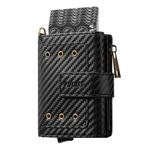VULKIT Alüminyum POP UP Kart Kılıflı Trifold Erkek Akıllı Cüzdan RFID Korumalı, Kimlik Penceresi, Paralar için Fermuar Cep ve Faturalar/Banknotlar için Bölme, siyah, Minimalist