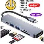 Vwin 6 In 1 Type C Hub Çevirici Çoğaltıcı Pc Tablet Tel 4K HDMI USB 3.0/2.0 Sd Tf Kart - Gri - Açık Mavi