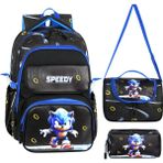 Waddell Deri Baskılı Sonic Temalı Ilkokul Sırt Çantası,termal Beslenme Çantası ve Kalemlik - Saks - Siyah - 42-20-32