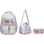 Waddell Lisanslı Cool Renkli Yazı Ilkokul Sırt Çantası,termal Beslenme Çantası ve Kalemlik Üçlü Set - Turkuaz - Pembe - 43-20-30
