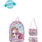 Waddell Lisanslı Toz Pembe Unicorn Desenli Anaokul Sırt Çantası,beslenme Çantası ve 2 Cepli Kalemlik - 3 Lü Set