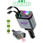 Wair Teknoloji USB C Type-C Araç Şarj Aleti, 4'ü 1 Arada Hızlı Şarj Araç 66W Araç USB Çakmaklık Şarj Cihazı - Siyah - Gri