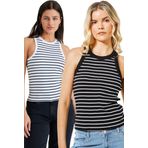 WAK Kadın Siyah Beyaz Çizgili ikili Paket Halter Yaka Basic Bluz
