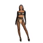 Walang Kadın Seksi Balıkçı Ağı İç Çamaşırı Seti Karnı Açık Büyük Beden Kıyafetler Şeffaf Uzun Kollu Eldiven Üst + File Külotlu Çorap, Siyah, XS-XXL