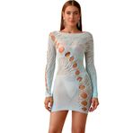 Walang Kadın Seksi Elbise Bodystocking Bodycon Uzun Kollu Balık Ağı Kesilmiş Ön Tarafı Dar Dantel Giyim Tek Parça Babydoll Mini Elbise Club, Açık mavi, Tek Beden