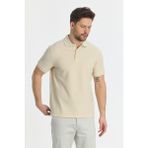Walfer Erkek Açık Bej Likralı Pamuk Karışımlı Yaka Detaylı Slim Fit Kıvrılmaz Yaka Polo Yaka Tişört - XL
