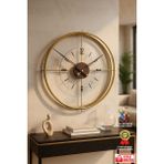 Wallover Design Xl Boy Jumbo Modern Sessiz Duvar Saati Ceviz Detaylı, Metal Paslanmaz Duvar Saati 65X65 - Altın
