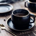 Wangchuang Siyah 270 ml Muzıty Seramik Kahve Fincanı ve Tabağı Siyah Pigmentli Porselen Çay Bardağı Seti Paslanmaz Çelik 304 Kaşık (Yurt Dışından) - Renkli