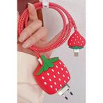 WANNA PROTECT iPhone 20W Uyumlu Şarj Kablosu Koruyucu, Adaptör Koruyucu, Kablo Spirali, 5'li Set, Kırmızı Çilek 3D KabloKoruyucu3lüSet