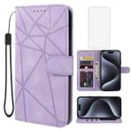 Wanyuexes iPhone 15 Pro Max Kılıf 6,7 inç, Temperli Cam Ekran Koruyucu ile Apple 15 Pro Max Cüzdan Kılıf, PU Deri Kapaklı Kredi Kartı Tutucu Stand Telefon Kılıfı iPhone 15 Pro Max Mor için