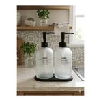WARDY 2'li Tezgah Üstü Standlı Sıvı Sabunluk Seti Siyah Ahşap Standlı 500+500 ml
