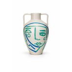 Warm Design Beyaz-Mavi-Turkuaz El Yapımı Soyut Yüz Terracotta Vazo Boho Salon Konsol Sehpa Dekoru Beyaz-Mavi-Turkuaz