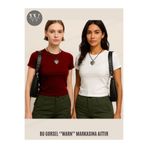 warn Kadın 2'li Bordo-beyaz Bisiklet Yaka Likralı Kısa Kol Body Crop T-shirt