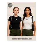 warn Kadın 2'li Siyah Beyaz Bisiklet Yaka Likralı Kısa Kol Body Crop T-shirt