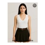 warn Likralı Kadın Kolsuz V Yaka Body T-Shirt Slim Fit Siyah Beyaz Yazlık Kumaş