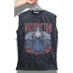 Washington Yazılı Yıkamalı Kolsuz Tişört, Unisex Basketbol Temalı Sıfır Kollu Vintage Atlet - Siyah - XL