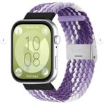 Watch Fit 3 ve Fit 4 Uyumlu Solo Loop Örgü Kumaş Kordon – Metal Klipsli, Ayarlanabilir, Yumuşak ve Hafif Bileklik - Mor Kamuflaj