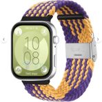 Watch Fit 3 ve Fit 4 Uyumlu Solo Loop Örgü Kumaş Kordon – Metal Klipsli, Ayarlanabilir, Yumuşak ve Hafif Bileklik - Sarı - Mor