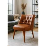 Waterybrook Berjer Sandalye - Kapitoneli Suni Deri - Ceviz Ahşap Ayaklı - Retro Modern Tasarım - Taba
